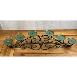 VTG Green Wrought Iron 6 Pillar Candle Holder Scroll Gloss Metal Candelabra 23"